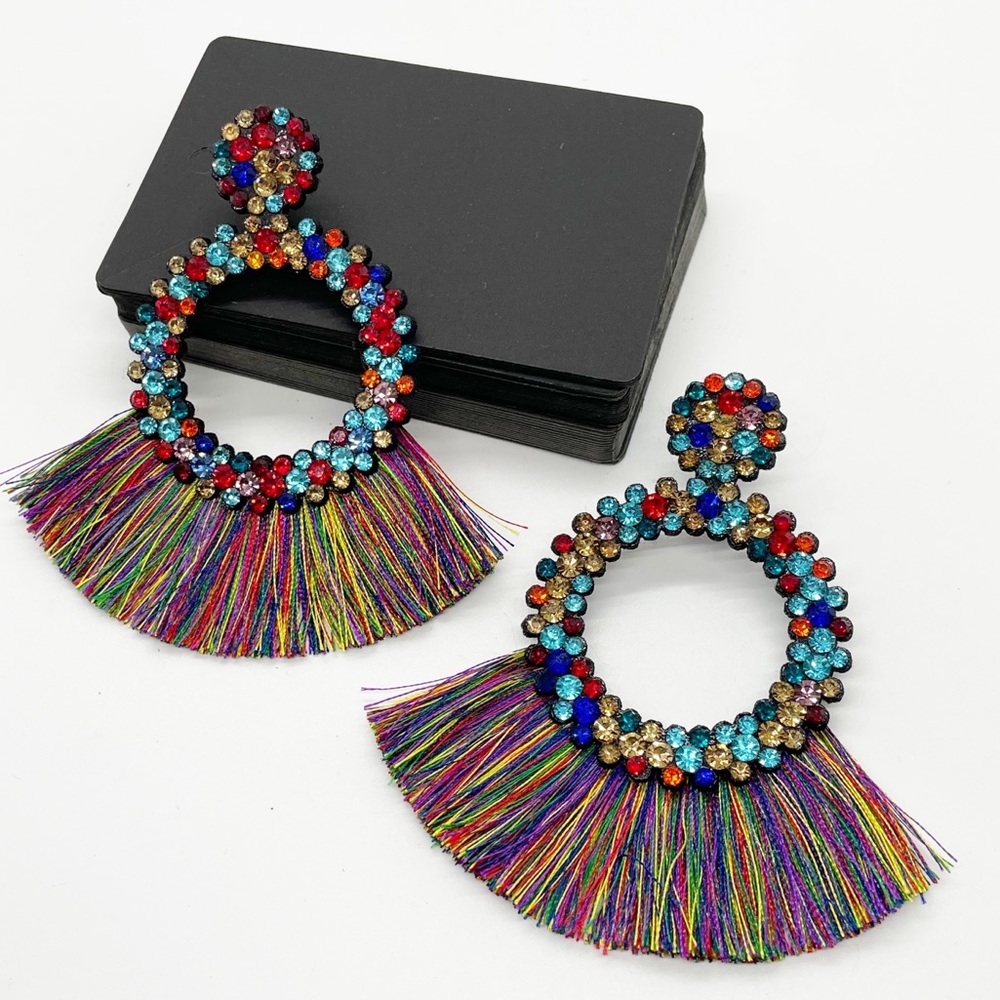 New Multicolored Round Fringe Dangle Stud Earrings